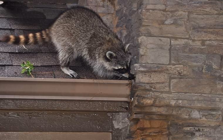 Raccoon investigating roofline gutter entry point on a Memphis home — Woodland Wildlife Removal